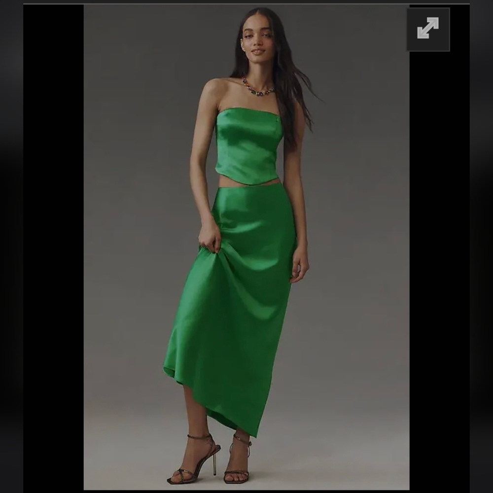 Anthropologie Mare Mare Satin Emerald Green Strapless Corset Top,Midi Skirt Set